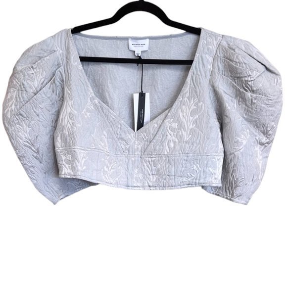 Women's NWT Who What Wear Jacquard Silk Blend Cropped Puff Sleeve Top‎ Large - Picture 1 of 5